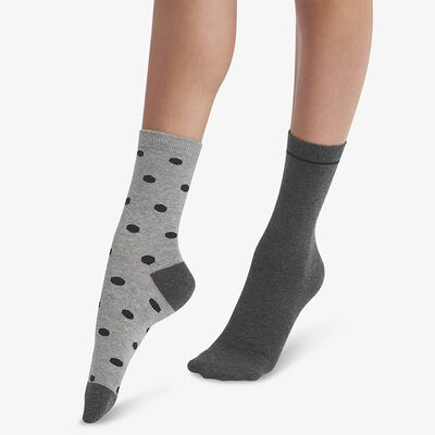 Набор из 2-х пар женских хлопковых носков серого цвета в горох Gris Coton Style, , DIM