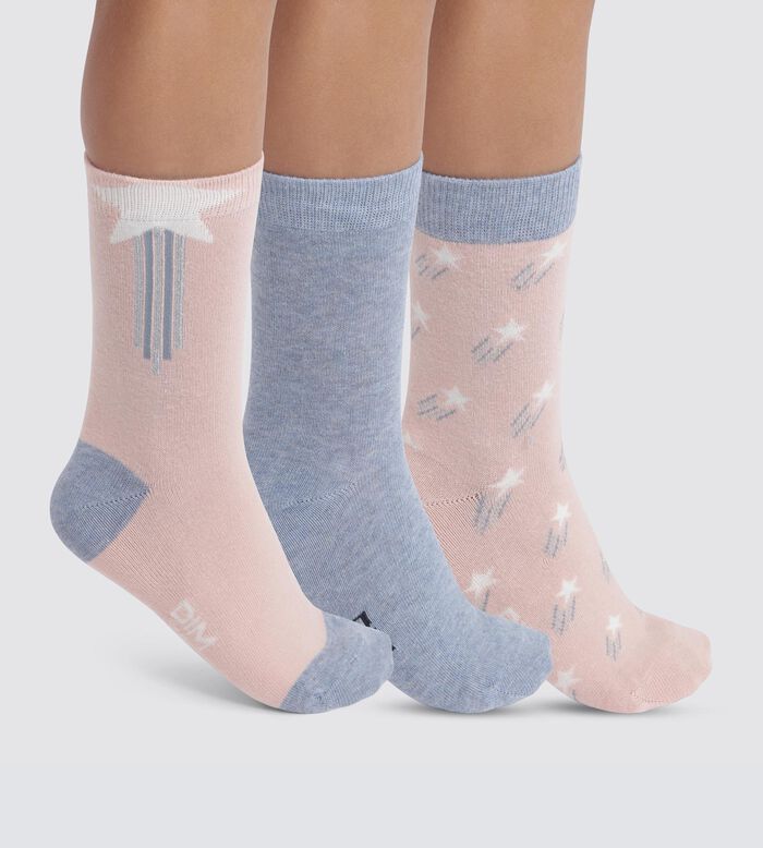 Pack of 3 pairs of children's socks with stars in Denim Pink Cotton Style, , DIM