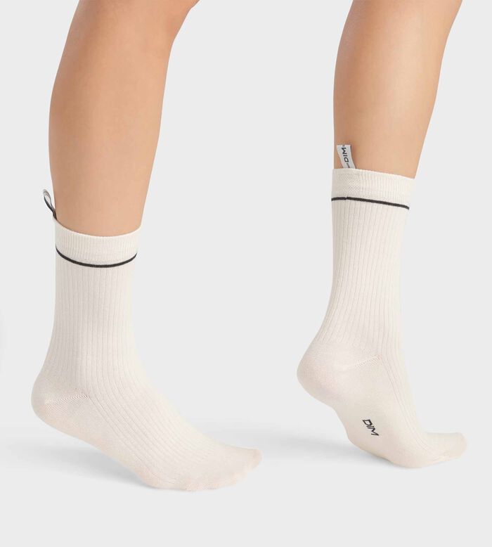 Cream Unisex Ribbed Modal Cotton Socks Dim Icons, , DIM