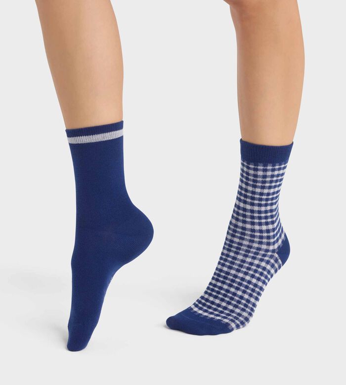 Pack of 2 pairs of women's socks with gingham pattern in Blue Dim Cotton Style, , DIM