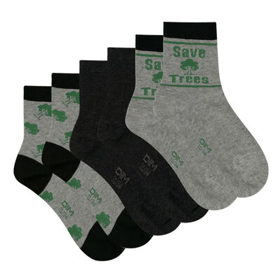 Pack of 3 children's Green Cotton Style socks with a tree pattern, , DIM