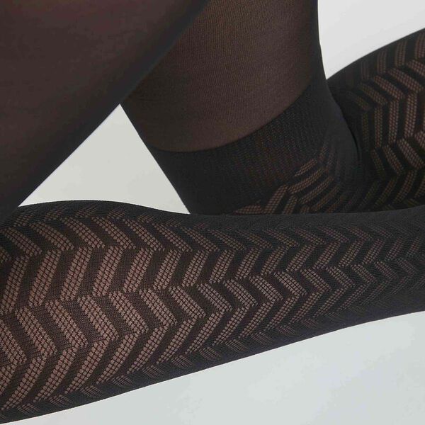 Dim Style women's tights in black sheer veil with herringbone patterns