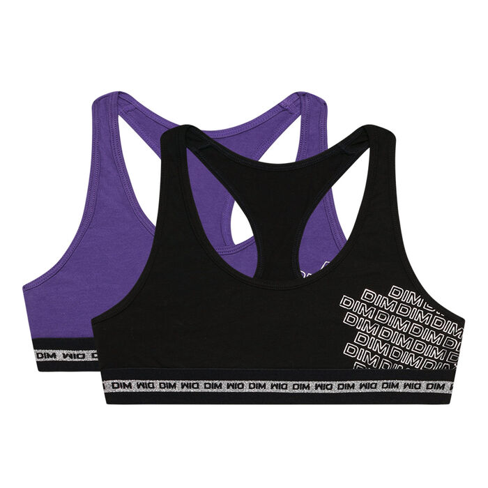 Pack of 2 girls' Purple Dim Sport stretch cotton bras with a silver print, , DIM
