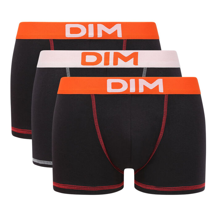 Pack of 3 men's stretch cotton boxer shorts in Black with an Orange waistband by Mix & Colours, , DIM