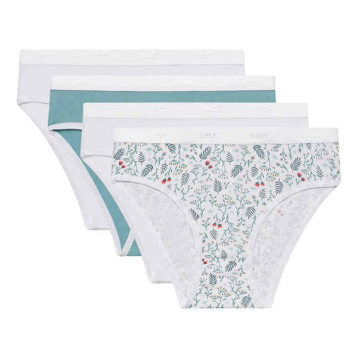 Pack of 4 girls' White Les Pockets stretch cotton knickers with liberty pattern, , DIM