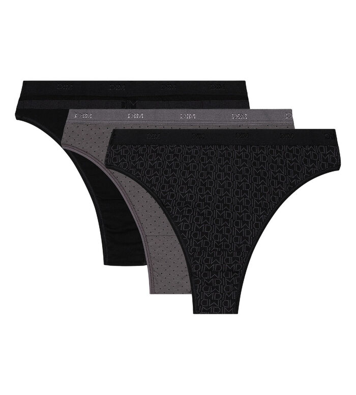 Pack of 3 black and grey Les Pockets Stretch Cotton thongs, , DIM