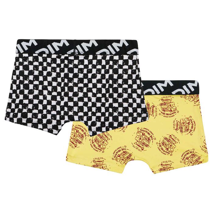 Dim Micro Pack of 2 boys' boxers in recycled microfibre with a checkerboard pattern, , DIM