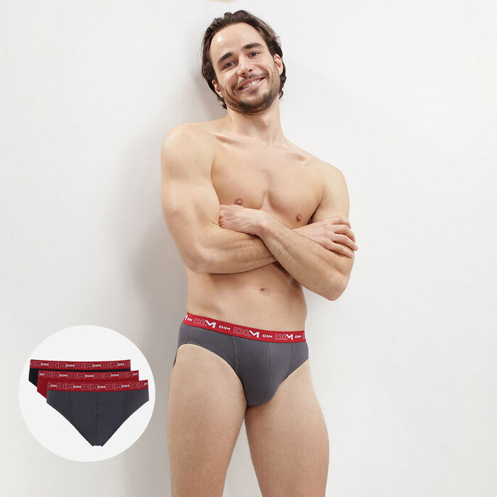 Pack of 3 pairs of Coton Stretch grey, chilli red and black briefs, , DIM