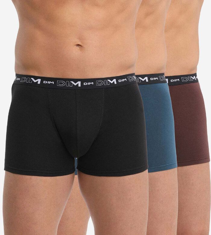 Pack of 3 men's Black Fawn Brown Cotton Stretch boxers with graphics on waistband, , DIM