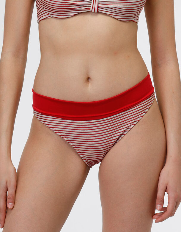 Rot-weiß gestreifte Bikinihose mit kontrastierendem Taillenumschlag, , DIM
