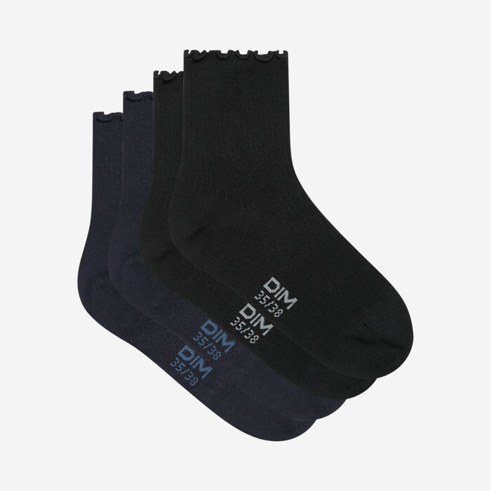 Pack of 2 pairs of women's socks with ruffles Black Navy Dim Modal, , DIM