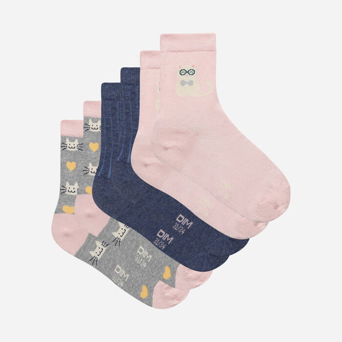 Pack of 3 Pairs of Kids Cat Cotton Style Socks, , DIM