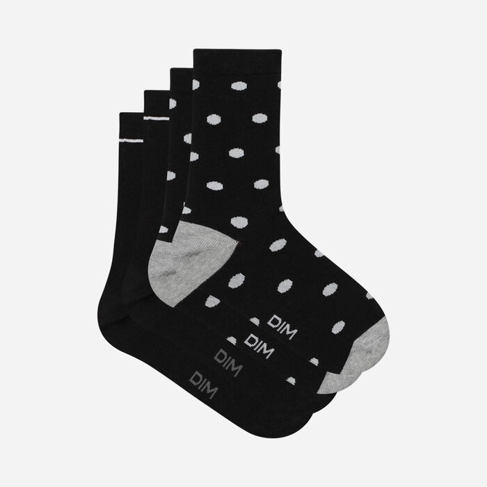 Pack of 2 pairs of women's socks Black with large polka dots Dim Coton Style, , DIM