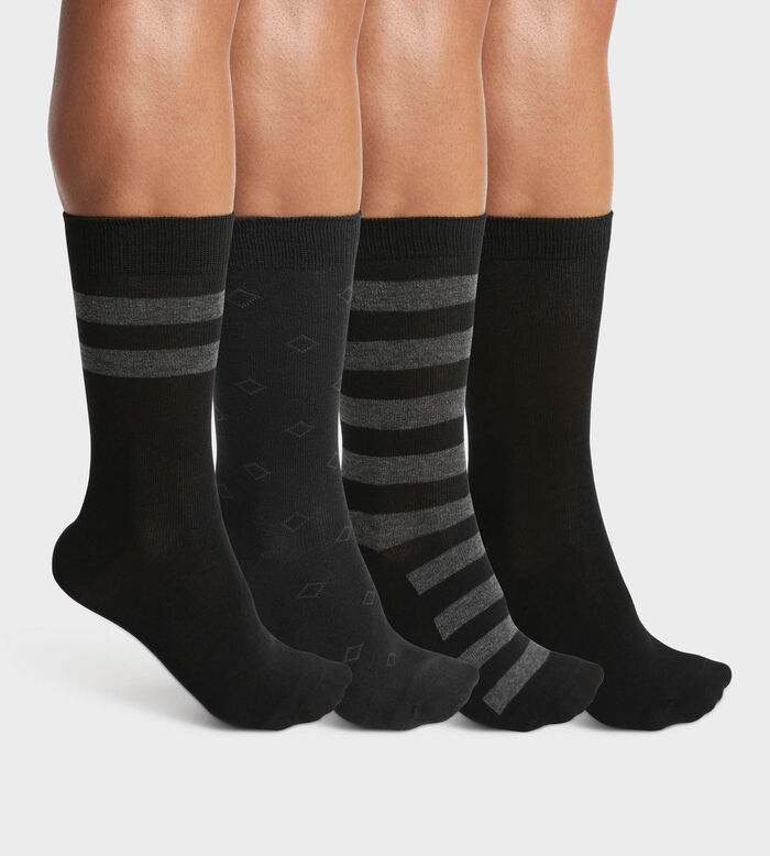 Pack de 4 pares de calcetines de hombre de algodón negro con estampados geométricos de EcoDim Style, , DIM