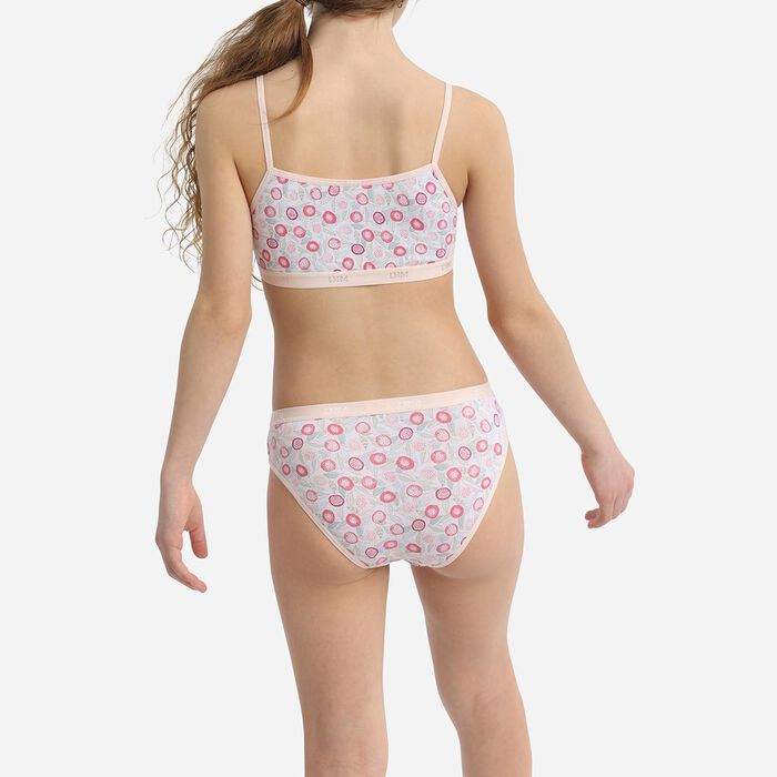 Les Pockets Pack of 3 Girls' Stretch Cotton Flower Print Briefs Pink, , DIM
