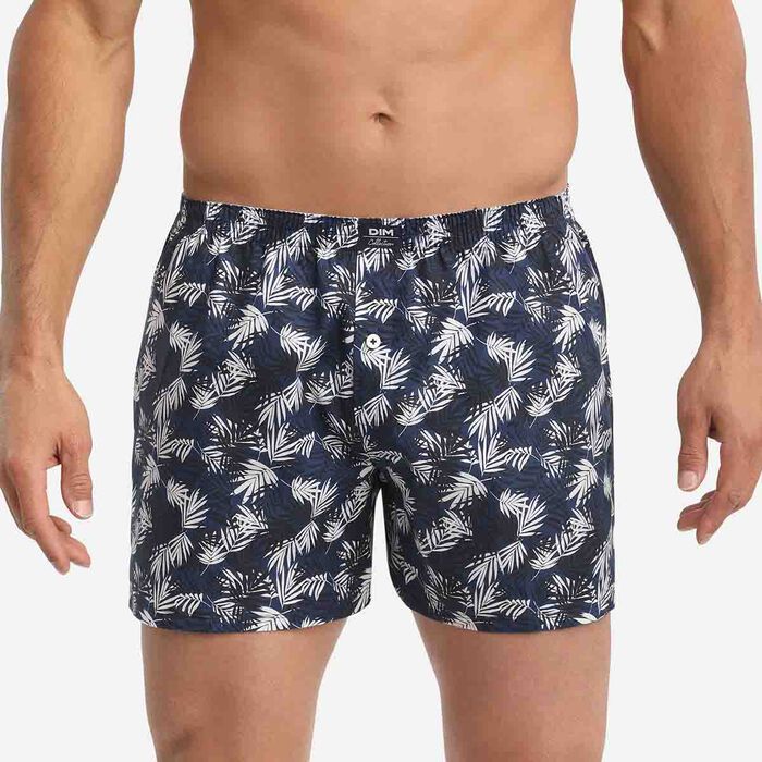 Sun Collection Men's midnight blue cotton boxer shorts with foliage print, , DIM