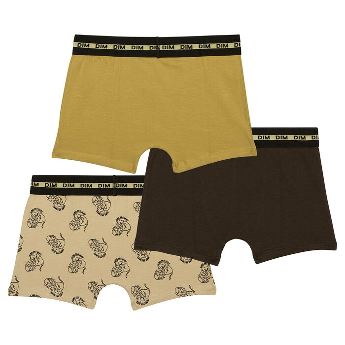 Fashion Cotton Stretch Pack of 3 Khaki Mustard boys' boxers with lion motif, , DIM