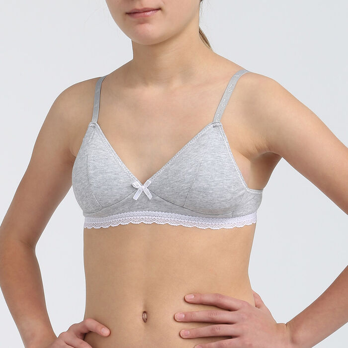 Dim Trendy girls' grey stretch cotton bra with removable padding, , DIM