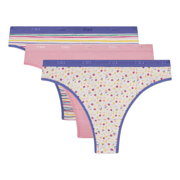 Les Pockets Pack of 3 women's stretch cotton thongs with floral