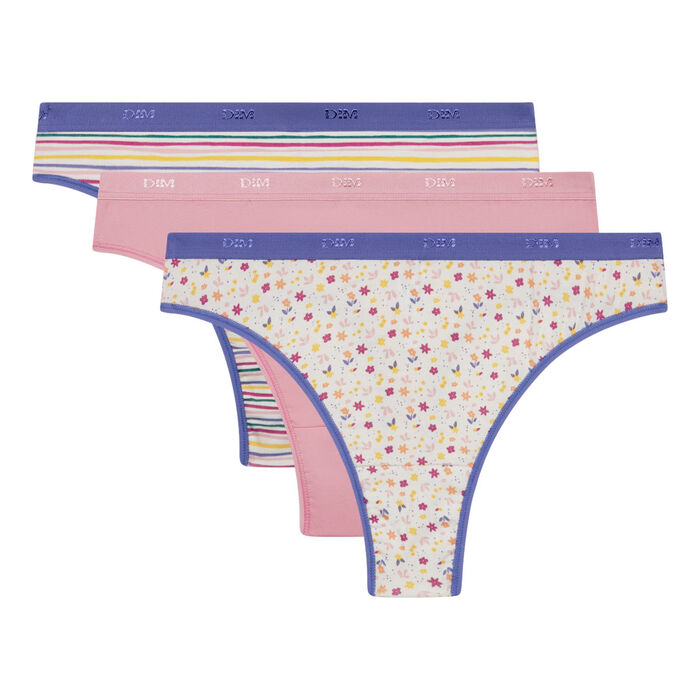 Les Pockets Pack of 3 women's stretch cotton thongs with floral pop pattern, , DIM