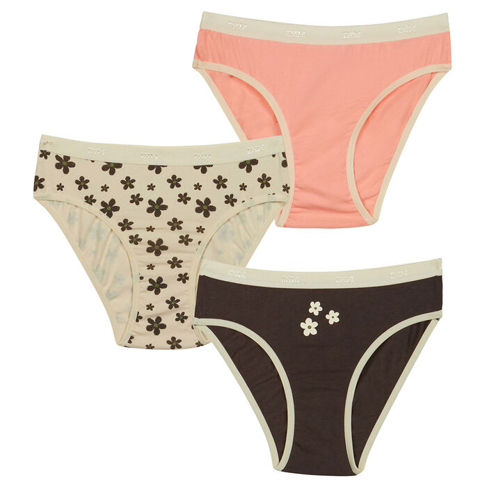 Les Pockets Pack of 3 Liquorice girls' stretch cotton knickers with flowers print, , DIM
