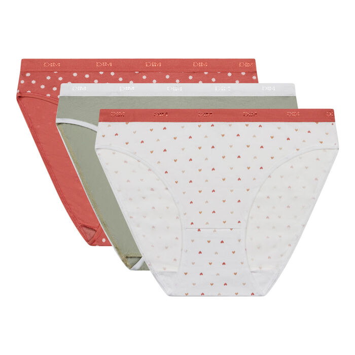 Pack of 3 kaki stretch cotton knickers with heart prints les Pockets, , DIM