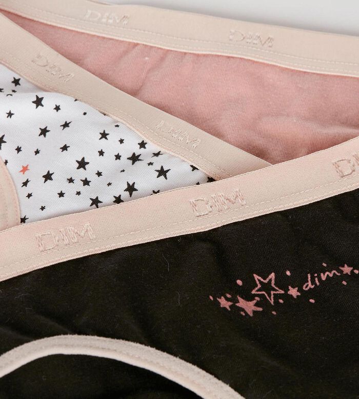 Pack de 3 bragas tipo slip de niña en algodón stretch con estampado de estrellas Negro Rosa Les Pockets, , DIM