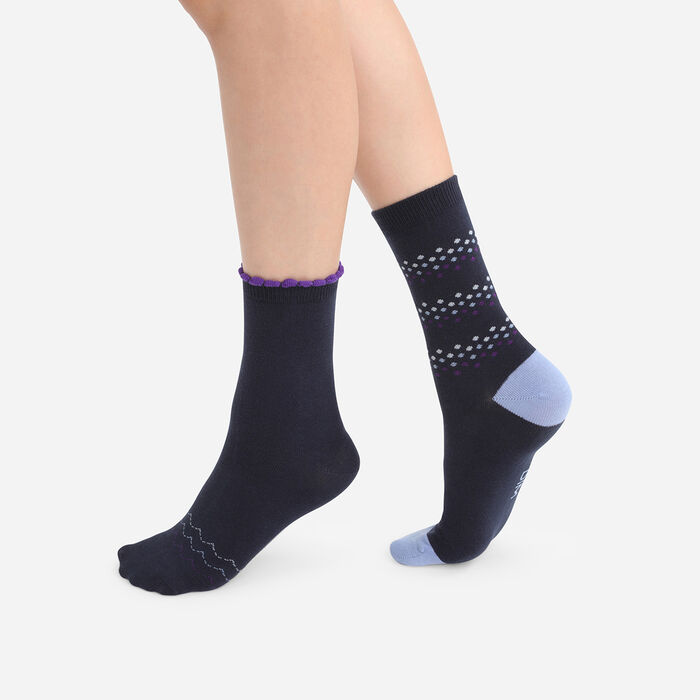 Pack of 2 pairs of women's socks with chevron pattern Navy Cotton Style, , DIM