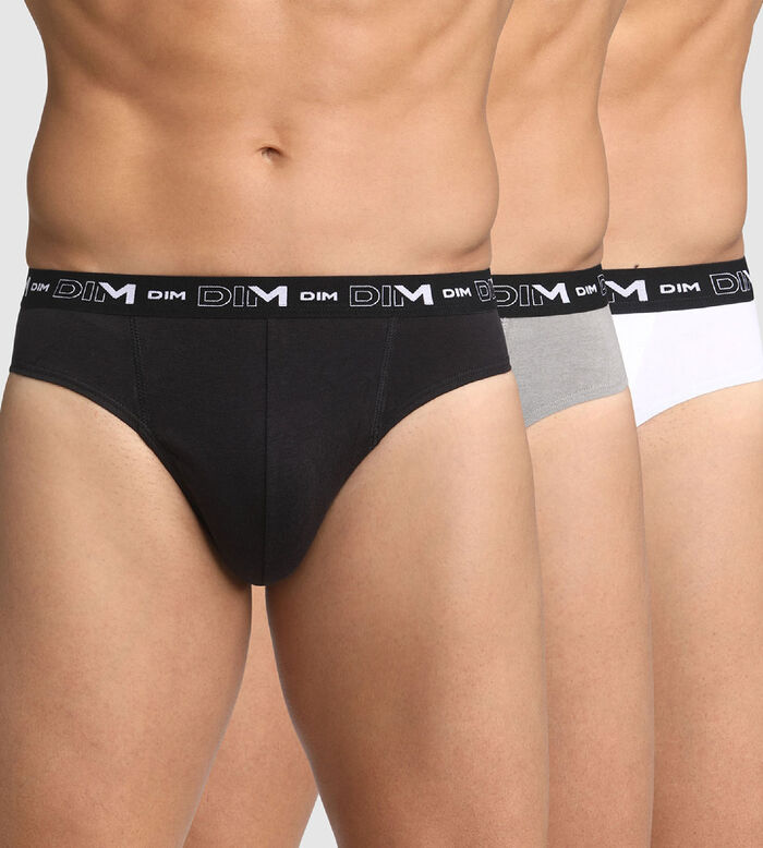 Pack of 3 pairs of black, grey and white stretch cotton briefs for men, , DIM