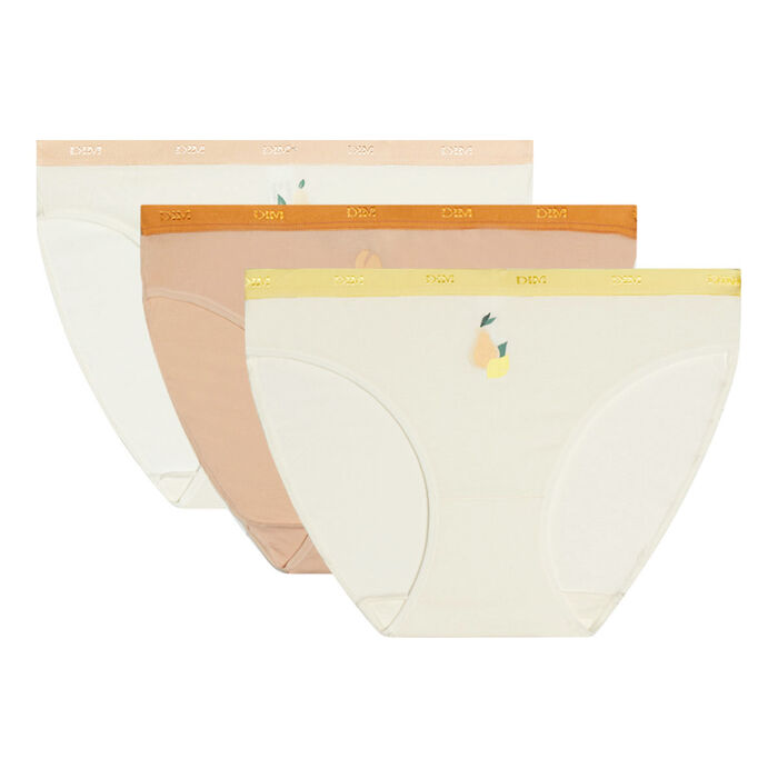 Les Pockets Pack of 3 women's stretch cotton briefs with fruit pattern ivory, , DIM