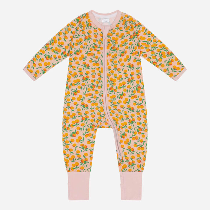 Beigefarbener Baby-Pyjama mit Reißverschluss aus Stretch-Baumwolle mit Mandarinen-Muster - DIM ZIPPY®., , DIM