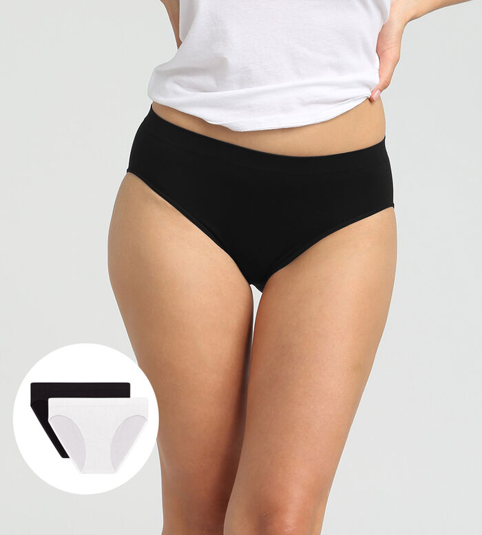 Pack of 2 black and white seamless microfibre panties Les Pockets Eco, , DIM