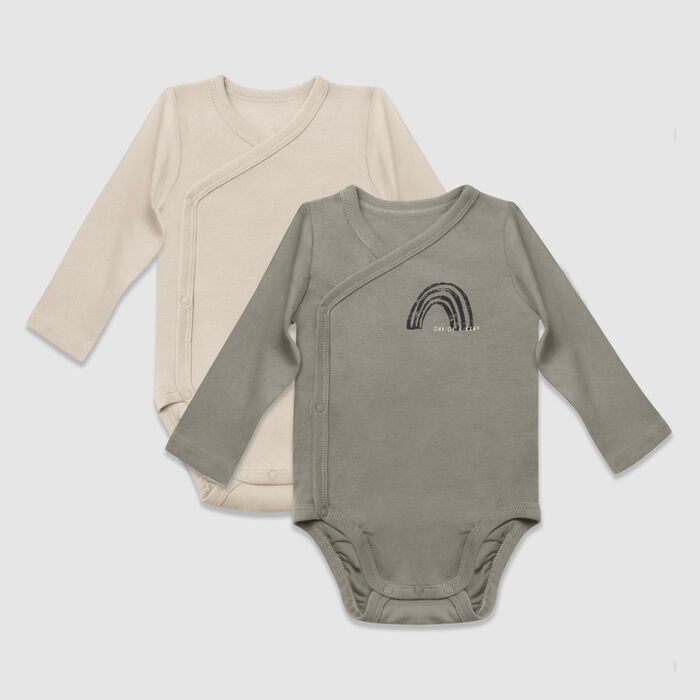 Dim Baby Pack of 2 organic khaki cotton bodysuit cover-ups with long sleeves, , DIM
