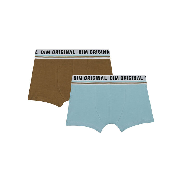 Dim Originals Pack of 2 Blue Brown stretch cotton boxers with a retro waistband, , DIM