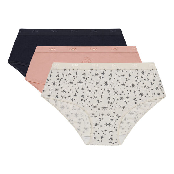 Les Pockets Pack of 3 women's boxers in beige stretch cotton with stars  pattern