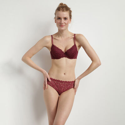 Burgundy Daily Glam floral lace padded push-up bra, , DIM