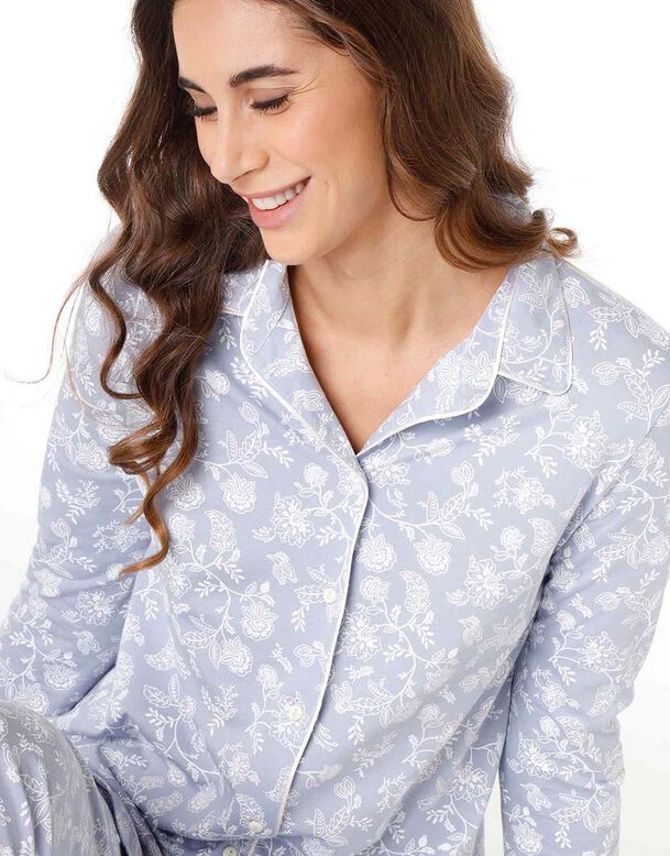Langes Pyjama-Set puderblau mit Blumen-Print, , DIM