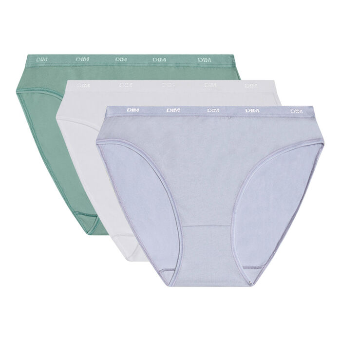 EcoDim Les Pockets Pack of 3 blue-green women's coloured stretch cotton knickers, , DIM
