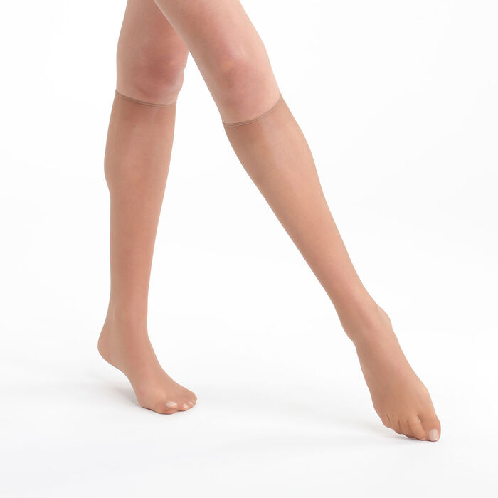 Juego de 2 pares de calcetines hasta la rodilla para mujer color Bronceado Dim Sublim Gasa Transparente, , DIM