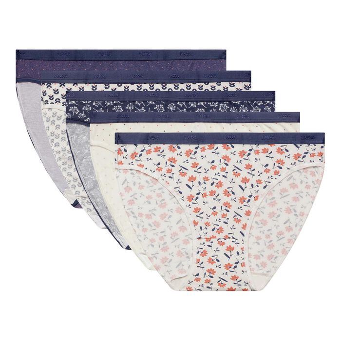 Pack of 5 women's Blue Les Pockets stretch cotton knickers with flowers and spots, , DIM