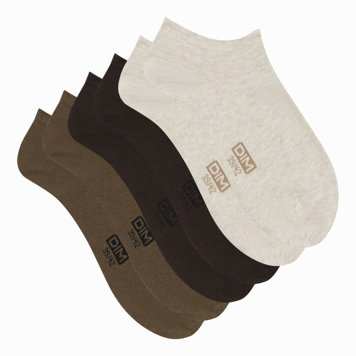 Pack of 5 pairs of men's Khaki Brown Beige Dim Basic Cotton ankle socks, , DIM