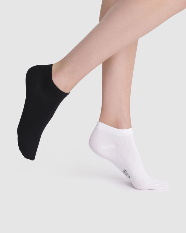 Pack de 2 pares de calcetines bajos blancos y negros de algodón Mujer, , DIM