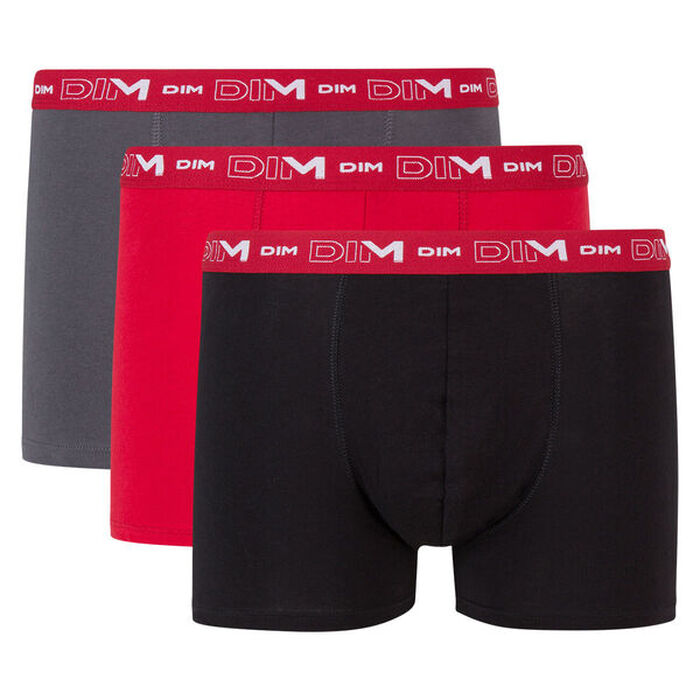 Pack of 3 pairs of Coton Stretch grey, chilli red and black trunks, , DIM