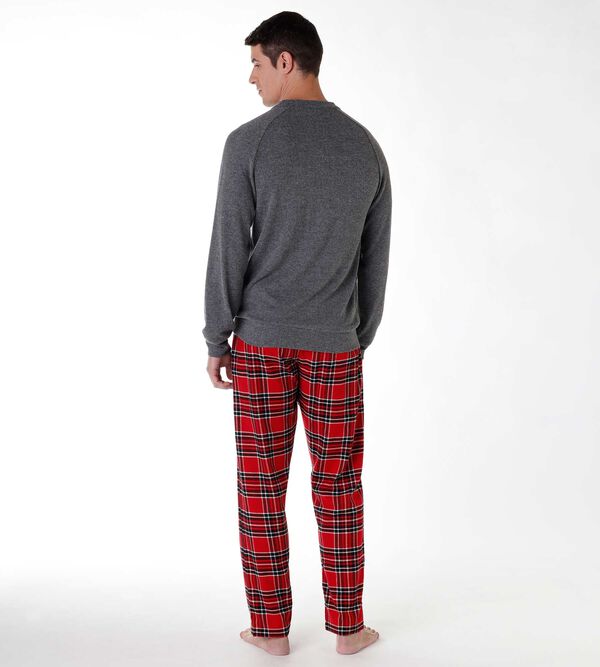 Pyjama long pour hommes en coton interlock et flanelle, gris et rouge