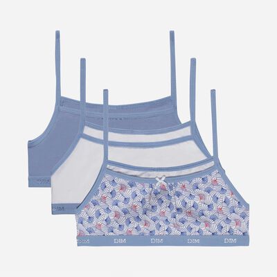 Les Pockets Girls' Pack of 3 Wax Printed Stretch Cotton Bras Blue, , DIM