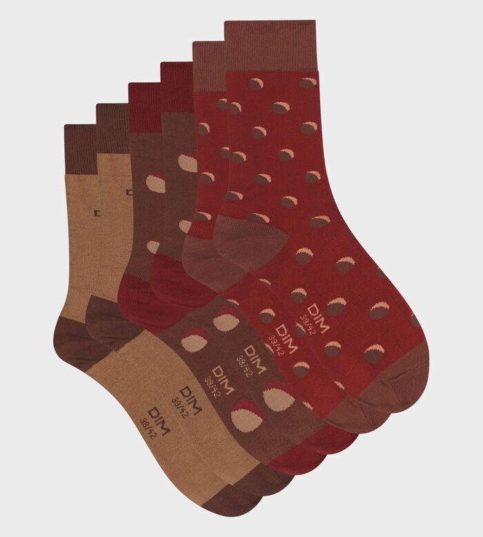 Pack of 3 pairs of men's polka dot socks in Red Mahogany Cotton Style, , DIM