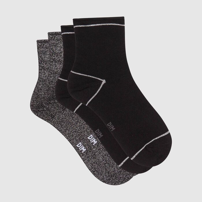 Cotton Style pack of 2 pairs of ankle socks in black cotton and silver lurex, , DIM