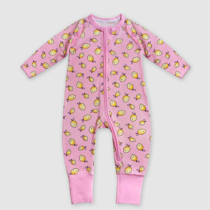 Dim Baby Pink cotton stretch baby pyjama with zipper, lemon print, , DIM