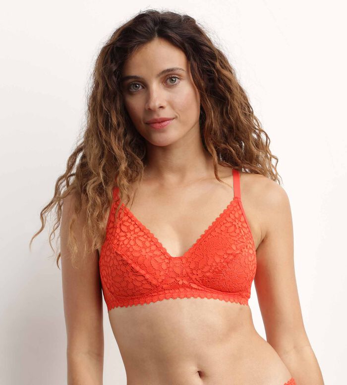 Wireless triangle bra with floral pattern in Red Daily Dentelle, , DIM