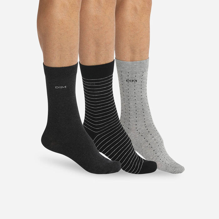 Pack of 3 pairs of men’s black and charcoal dotty & striped socks, , DIM